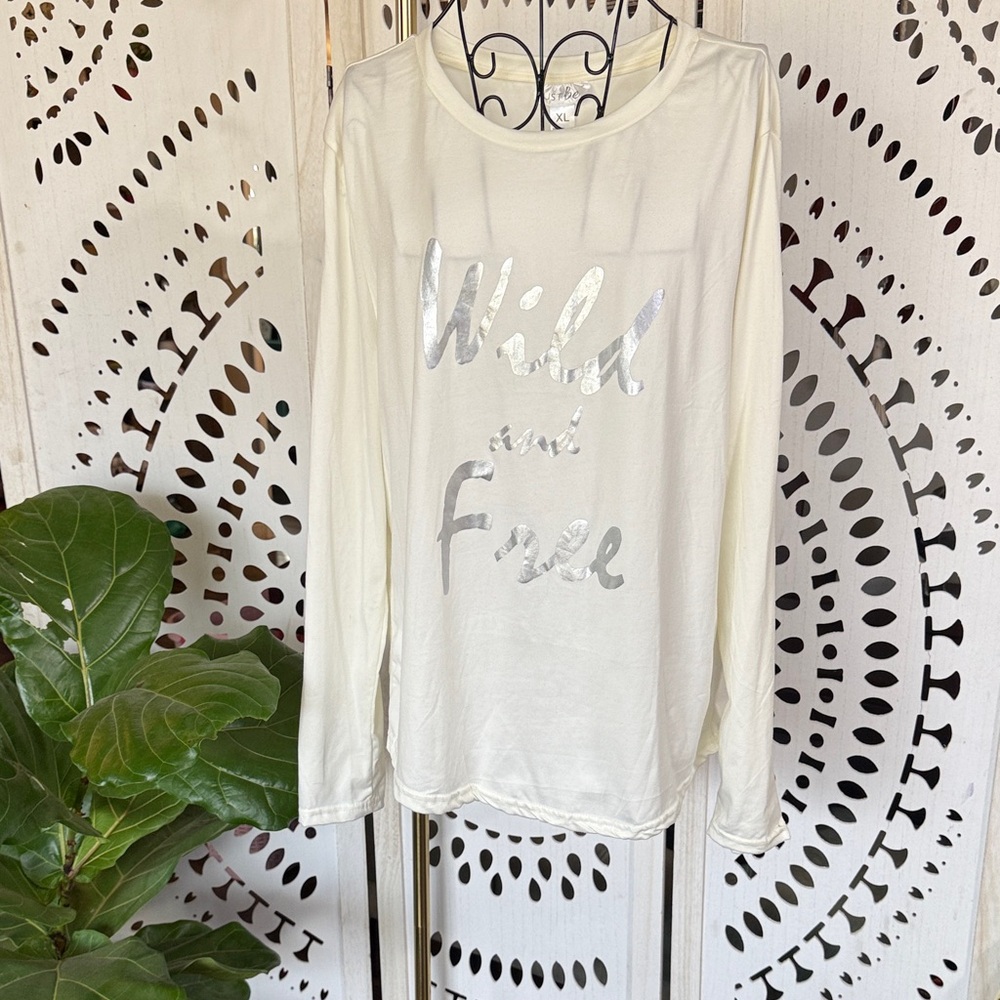 Just be… White Long Sleeve Shirt with Metallic Silver Wild and Free text